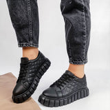 Niulatu Women Autumn Pu Leather Sneakers Sewing Lace-Up Platform Flats Vulcanized Shoes Thick Sole Brief Casual White Black Canvas Shoes DJSE