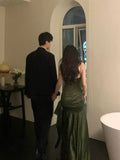 Niulatu Green Mermaid Spaghetti Strap Satin Prom Dress Wedding Guest Dress Date Dress HZ0113