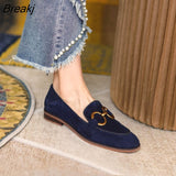 Niulatu Metal Buckle Loafers Women's English Style High Heel Flat Single Shoes Ladies Dress Shoes Faux Suede Low DJSE