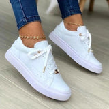 Niulatu Women Vulcanized Shoes Solid Color Low-heeled Flat Casual Shoes with Golden Buttons 2025 New Lace Up Female Sneakers DJSE