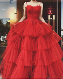 Niulatu Spaghetti Straps Red Tulle Tiered Prom Dress Red Evening Gown HZ1007