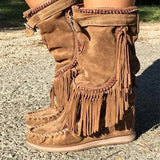 Niulatu Boots Woman Pleated Tassel Mid-calf Boots Womens Sewing Footwear Buckle Leather High Heels Shoes Female Plus Size Zip DJSE