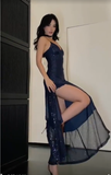 Niulatu Sequins Slit Navy Blue Prom Dress Sexy Evening Dress HZ1007