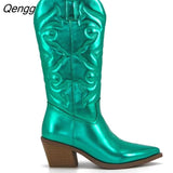 Niulatu Cowgirl Boots for Women 2025 Fashion Slip-on Embroidered Pointed Toe Chunky Heel Mid Calf Western Boots Shinny Shoes DJSE