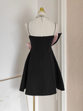 Niulatu A line Spaghetti Straps Black Satin Short Homecoming Dresses Birthday Outfits SD363