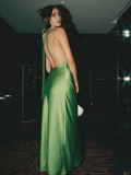 Niulatu Halter Green Backless Prom Dress Long Evening Dress HZ1007