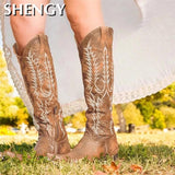 Niulatu Female High Heel Leather Shoes Knee-High Cowboy Boots Stylish Women Boots Autumn Vintage Long Tube Knight Boot DJSE