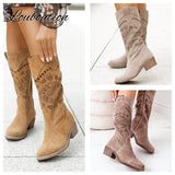 Niulatu Winter Women Boots Fashion Retro Flower Suede Round Toe Zipper Lady High Boots Designer Mid HeelFemales Shoes DJSE