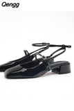 Niulatu Patent Leather Flats Shoes Sexy Squared toe Flat Sandals Office lady Block Heel Shoes Women Ankle Strap Slingbacks DJSE