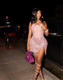 Sexy Sheath Halter Pink Sequin Mini Short Formal 8th Grade Homecoming Dresses Summer Middle School Hoco Dress 18th Birthday Outfits HZ1214