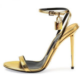 Niulatu Women Sexy Gold Silver Black Padlock Sandals Thin Metal Stiletto Heel Dress Shoes Metal Decoration High Heels Pumps DJSE