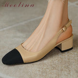 Niulatu Women Genuine Leather Sandals Square Mid Heel Sandals Square Toe Shallow Slingbacks Sandals Ladies Summer Shoes Apricot DJSE