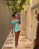 Niulatu Birthday Off The Shoulder Homecoming Dresses Tiffany Blue Mini Bowknot Party Dress HZ1110