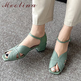 Niulatu Sandals Shoes Women Genuine Leather Ankle Strap Shoes Med Thick Heel Sandals Square Toe Cow Leather Lady Sandals Summer DJSE