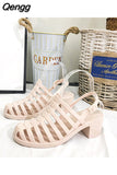 Niulatu Women's Jelly Sandals Woman Summer Hollow Out Shoes Women Buckle Mid Heels Ladies Footwear Female Outside Beach Slides DJSE