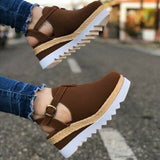 Niulatu Women's Sandals Vintage Wedge Shoes Woman Buckle Strap Straw Thick Bottom Flats Platform Sandals Flock Female Shoes Summer 2025 DJSE