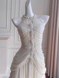 Niulatu White A Line Halter Pearl Pleated Chiffon Prom Dress Vacation Dress HZ0113