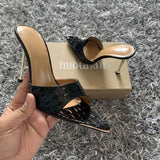 Niulatu women sandals snake print Strappy Mules high heels Slippers Sandals flip flops Pointed toe Slides Party shoes Woman DJSE