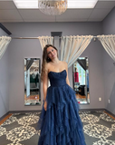 Niulatu Tulle Sequins Evening Dress Navy Blue A Line Prom Dress HZ1007