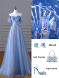 Niulatu A Line Spaghetti Straps Long Party Dress Blue Prom Dresses SD2449