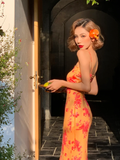 Niulatu Sheath Spaghetti Straps Orange Print Floral Satin Long Prom Dress Outfits HZ0113