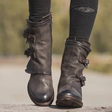 Niulatu Women Shoes Motorcycle Boots Autumn Platform Low Square Heel Round Toe Ankle Buckle Handmade Sewing Punk Cool Ladies Female DJSE