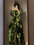 Niulatu Ball Gown Strapless Long Sleeves Floral Ruffles Green Prom Dresses Birthday Outfits SD459