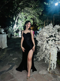 Niulatu Mermaid Satin Long Prom Dress Black Lace Slit Evening Dress HZ1007