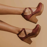 Niulatu Women Pumps Brown Punk Chunky Platform Mary Jane Shoes High Heels Cross-tied Pu Round Toe Buckle Plus Size Goth Shoes DJSE