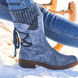 Niulatu Women's Winter Mid-Calf Boots Flock Winter Shoes Ladies Fashion Snow Boots Shoes Thigh High Suede Warm Botas Zapatos De Mujer DJSE