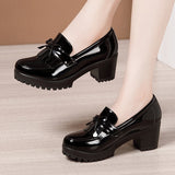 Niulatu 33-43 Women Pumps Bowknot Slip On Tassels Thick Heels Fashion Vintage Women Shoes For Party Leather Footwear DJSE