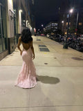 Niulatu Pink Backless Sleeveless Lace Mermaid Evening Dresses with Train HZ1007