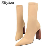 Niulatu Comfort Stretch Women Sock Boots Square High Heel Ankle Boots Fashion Pointed Toe Fall Stretch Shoes Black Big Size 2025 DJSE