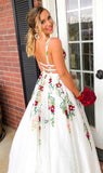 Niulatu V Neck Floral Embroidery Long Lace Prom Dress with Pocket HZ0113
