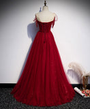 Niulatu tulle round neck long prom dress burgundy evening dress HZ1110