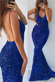 Niulatu Blue Long V-neck Mermaid Sequins Backless Prom Dress with HZ1007