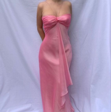 Niulatu Pink Chiffon Long Prom Dress Strapless Formal Party Evening Dress HZ1007