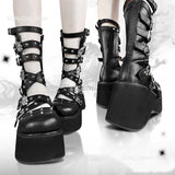 Niulatu Women Goth Platform Mid Calf Boots Wedges Heeled Cospaly Autumn Combat Boots Design Luxury Motorcycle Boots Shoes DJSE