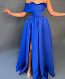 Niulatu Blue Satin Sequins evening Dress Off The Shoulder Formal Slit Prom Dress HZ1007