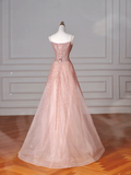 Niulatu Pink Tulle Sequins Beaded Prom Dress Spaghetti Straps A Line Evening Dress HZ1007