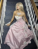 Niulatu Ball Gown Strapless Pink Long Satin Prom Dresses Formal Evening Dress SD2394