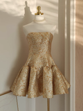 Niulatu Ball Gown Strapless Travel Vacation Dresses Short Satin Gold Birthday Dress SD321