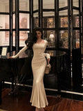 Niulatu Mermaid Square Neckline Long Sleeves White Long Prom Dresses Birthday Dress SD292