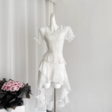 Niulatu High Low Square Neckline White Lace Ruffles Dress Beach Holiday Dresses SD286