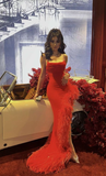 Niulatu Mermaid Straps Red Prom Dress With Feathers,Long Evening Dress HZ1007