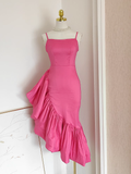 Niulatu Sheath Spaghetti Straps Hot Pink Satin Dinner Party Dresses Birthday Outfits SD394