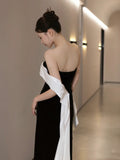 Niulatu Sheath Strapless Black Satin Long Evening Gowns Prom Dresses SD1836