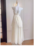 Niulatu A line Spaghetti Straps White Chiffon Long Ruffles Party Dresses Birthday Dress SD579