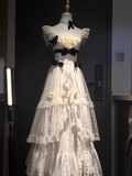 Niulatu Ball Gown Square Neckline Floral Ivory Lace Party Dresses Birthday Outfits With Black Bowknots SD450
