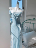 Niulatu Sheath Spaghetti Straps Light Sky Blue Flower Long Prom Dresses Birthday Outfits SD511